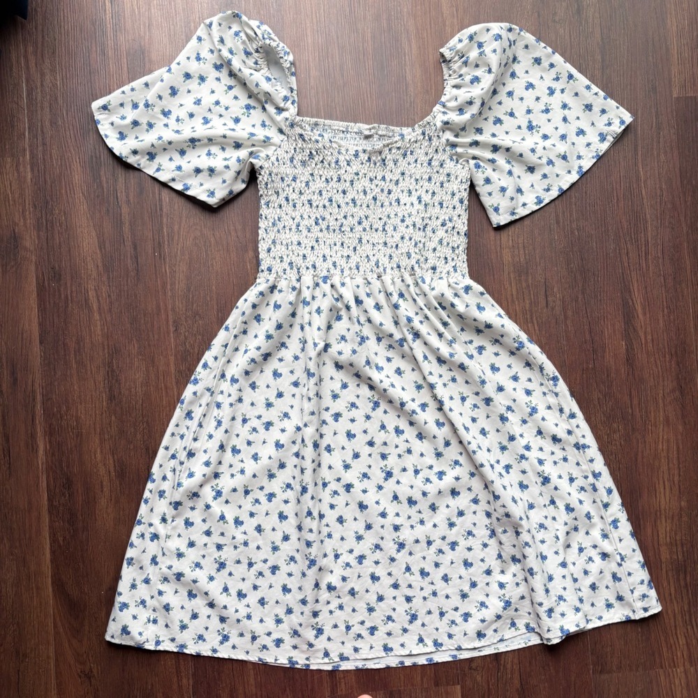 Cottagecore‎ Smocked Puff Sleeve Fall Floral Dress Cream Blue Size Medium